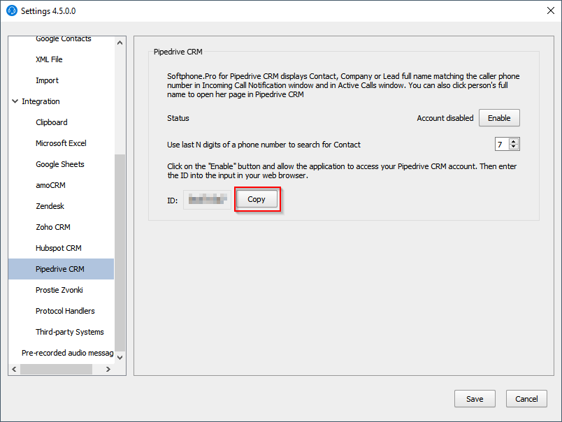 Copy ID from integration settings