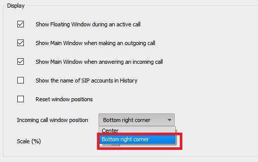 Incoming call pop-up window position